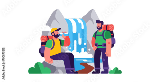 Adventurous Explorers Drinking Water Near Waterfall Surrounded by Mountains and Nature