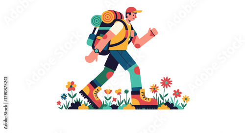 Adventurous Hiker Embracing Nature Amongst Colorful Wildflowers Illustration At Sunset