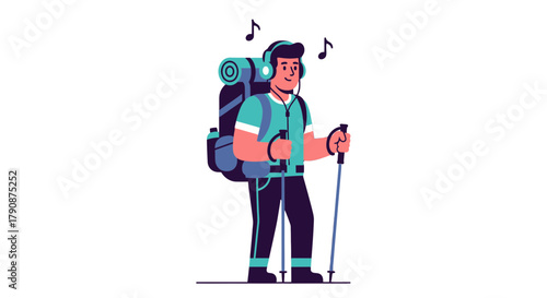 Adventurous Hiker Enjoying Music While Exploring Nature's Wonders Via Backpacking