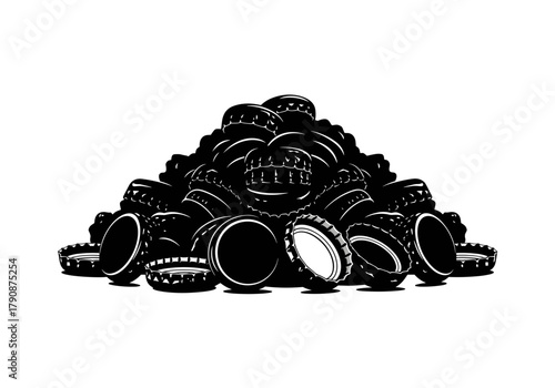 Rusty bottle caps, recycling materials, illustration style on transparent background