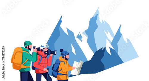 Adventurous Explorers Documenting the Majestic Views of Snowy Mountain Ranges