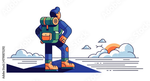 Adventurous Hiker Enjoying Scenic Sunrise on Mountain peak Graphic Illustration