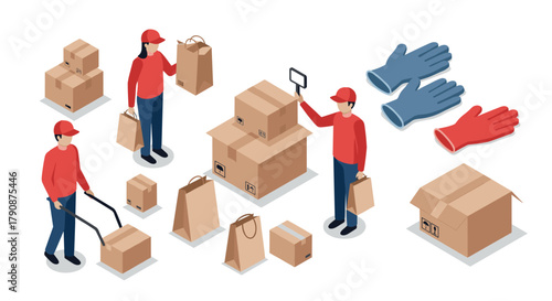 Isometric warehouse workers handling packages and boxes with protective gloves