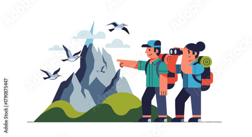 Adventurous Explorers Embarking Journey Into The Serene Verdant Valley, Viewing Birds