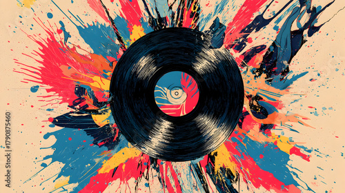 Dynamic music artwork featuring vinyl record amidst colorful paint explosion for artistic decor