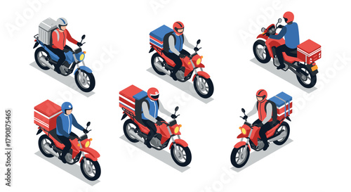 Isometric delivery motorcyclists multiple views and uniform styles in red and blue