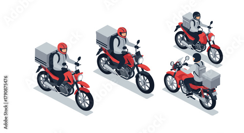 Isometric motorcycle delivery riders with helmet and backpack in motion