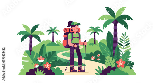 Adventurous Hiker Explores Nature's Trail Amidst Exotic Flora And Verdant Landscape