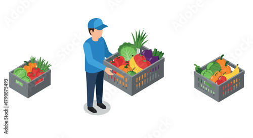Efficient delivery service featuring isometric produce crates and courier