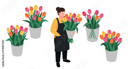 Floral shop worker arranging colorful tulip bouquets in buckets
