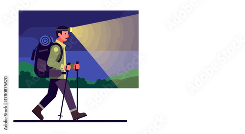 Adventurous Hiker Exploring The Trail On A Nighttime Journey With Headlamp Illumination