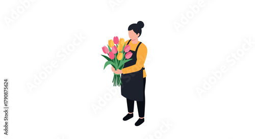 Florist holding colorful tulips bouquet in apron on white background