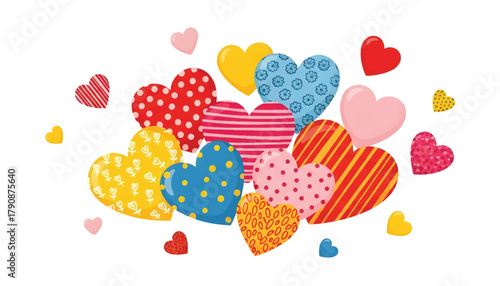 Colorful heart shapes with various patterns and textures