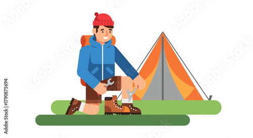 Adventurous Hiker Fixing Boot Near a Tent Ready for Thrilling Outdoor Expedition