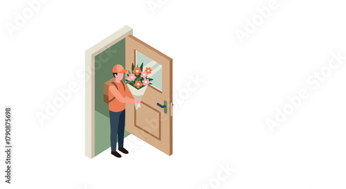 Isometric flower delivery scene with courteous courier at open doorway