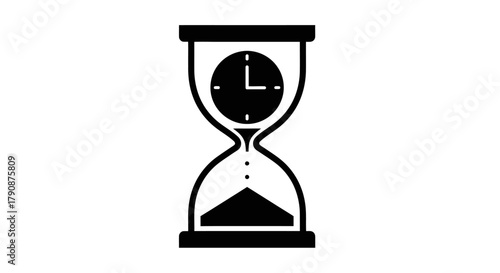 A simple black and white illustration of an hourglass with a clock face