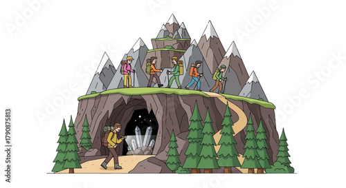 Adventurous Explorers Embarking On Expedition Through A Hidden Mountain Passage