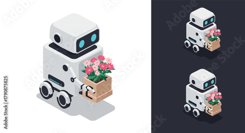 Charming isometric robot delivering flowers with futuristic aesthetic