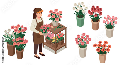 Florist arranging vibrant floral displays in pots and vases in isometric style