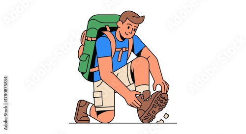 Adventurous Hiker Kneeling To Adjust His Hiking Boots On A Black Background