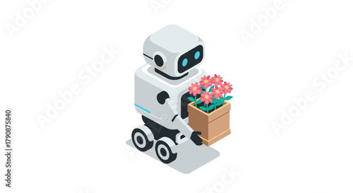 Cute robot carrying flowers in isometric design