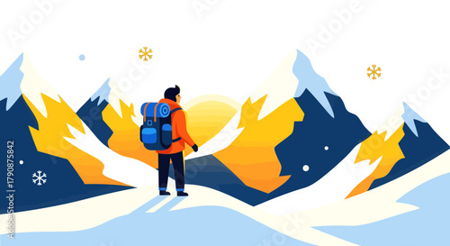 Adventurous Hiker Observing The Majestic Mountains During The Golden Hour Sunset