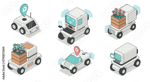Futuristic delivery robots with flower cargo in isometric design