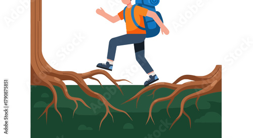 Adventurous Hiker Navigating Tree Roots Illustration in a Nature-Inspired Digital Art