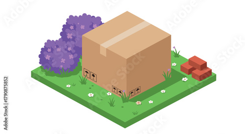 Isometric cardboard box on grass with flowers and bushes