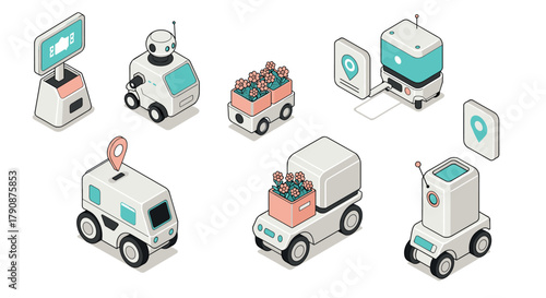 Futuristic isometric delivery robots with floral cargo and gps technology