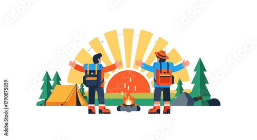 Adventurous Explorers Embrace Nature's Grandeur At Sunset During a Mountain Hiking Trip