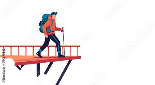 Adventurous Hiker on a Wooden Bridge with Backpacks and Hiking Poles Against Dark Background