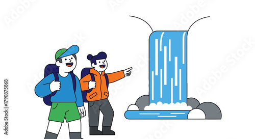 Adventurous Explorers Gazing At a Majestic Waterfall in a Serene Illustrated Landscape