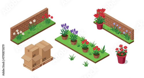 Isometric garden with flower beds, potted plants, and cardboard boxes on white background