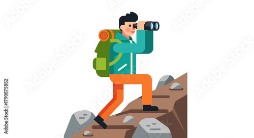 Adventurous Hiker on Mountain Overlooking Vista With Binoculars Against Black Backdrop