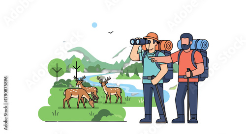 Adventurous Explorers Observing Deer In Nature’s Wilderness With Backpacks At Night Scene