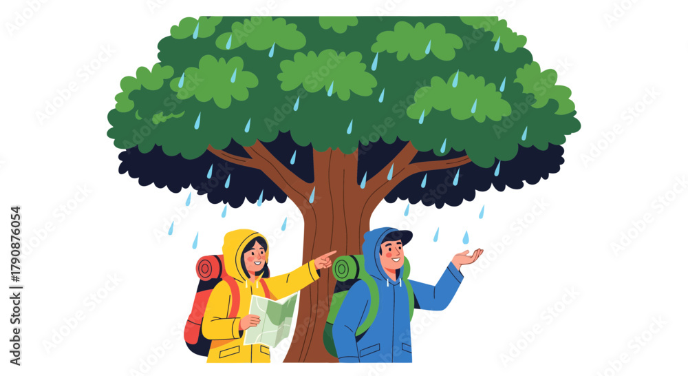 Fototapeta premium Adventurous Explorers Seeking Shelter Under A Verdant Canopy During A Rainfall