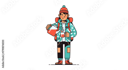 Adventurous Hiker Pours Hot Drink From Teapot, Enjoying Beverage On A Trip