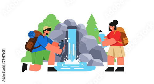 Adventurous Explorers Rehydrate Near Waterfall Amidst Verdant Nature Recreation Activities