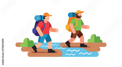 Adventurous Explorers Traversing a Stream in Scenic Nature Illustration  Design