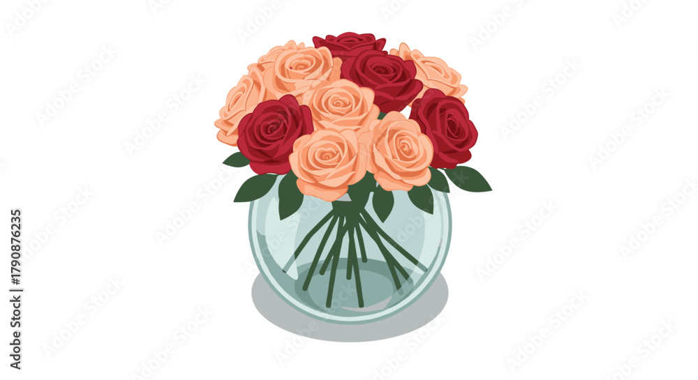 Fototapeta premium Elegant bouquet of red and peach roses in a glass vase