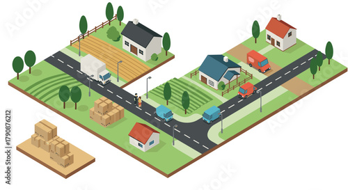 Isometric rural neighborhood with roads, vehicles, and homes