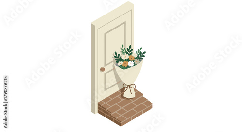 Isometric doorstep with flower bouquet on brick platform