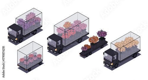 Isometric delivery trucks with floral cargo in transparent containers