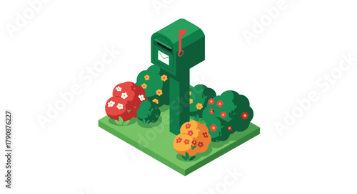 Isometric mailbox with envelope surrounded by colorful garden bushes