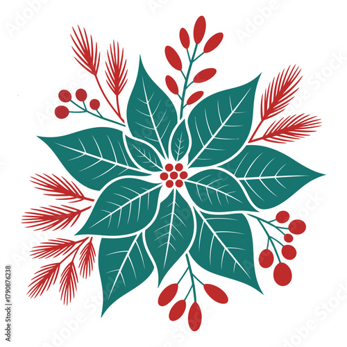 Festive floral arrangement: An elegant festive composition with lush poinsettia and vibrant berries, bringing warmth and cheer to the festive season. 