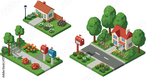Cozy neighborhood with houses and gardens in isometric design