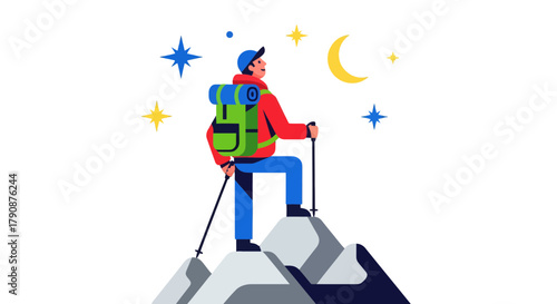 Adventurous Hiker Reaching Summit Under Sparkling Night Sky Illustration