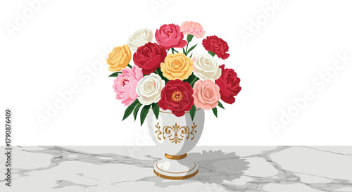 Elegant floral arrangement in ceramic vase on marble table
