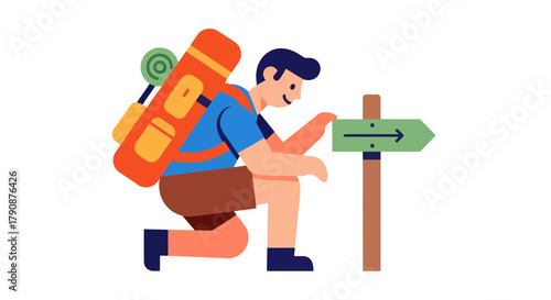 Adventurous Hiker Seeking Direction, Navigating Trail Signage, Journey Illustration